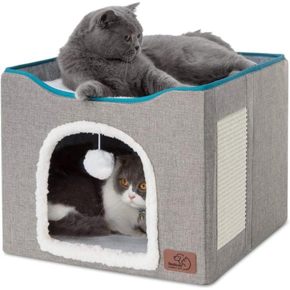 Cat Beds for Indoor Cats - Large Cat Cave for Pet Cat House with Fluffy Ball